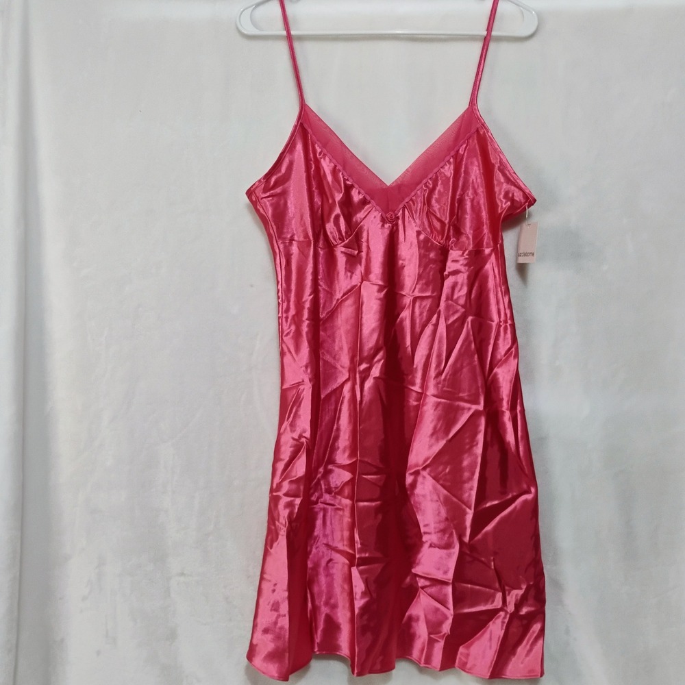Liz Claiborne Womens Pink Satin Chemise Nightgown V Neck Rosette Sleepwear Large